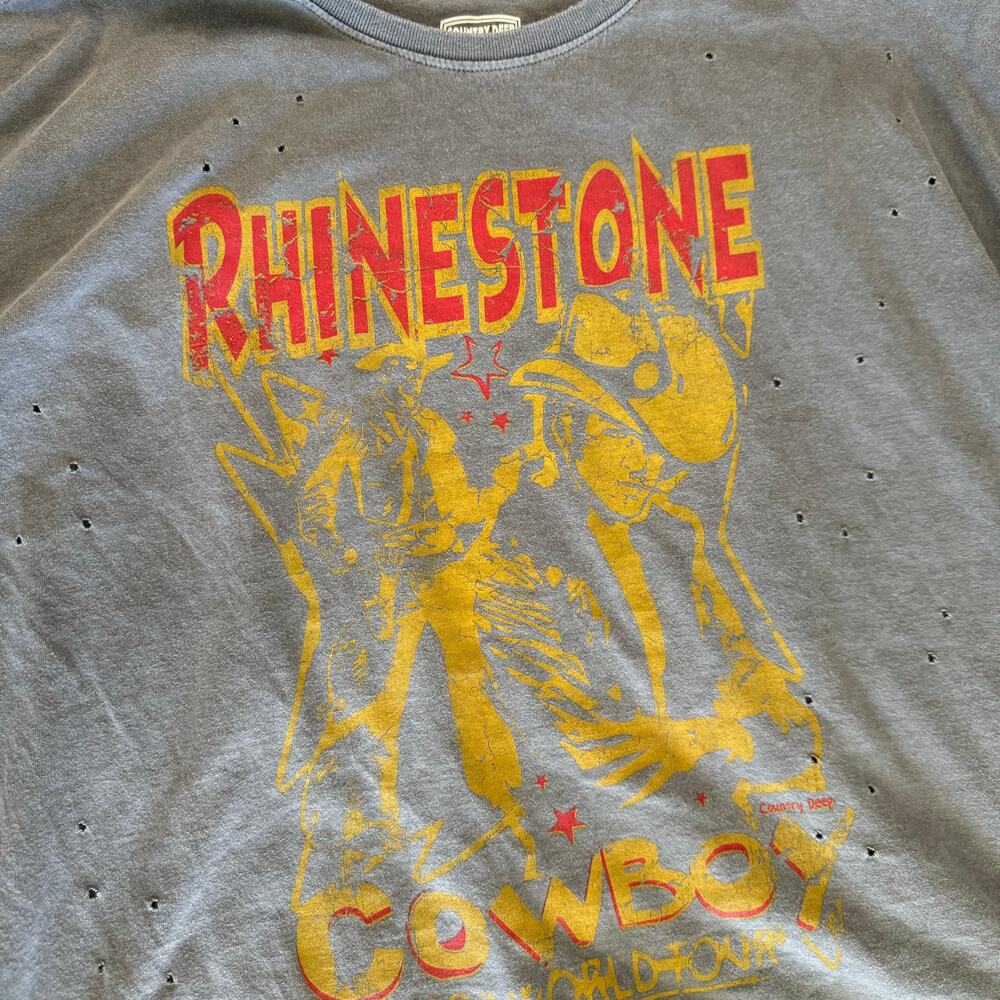 Rhinestone Cowboy 1982 Cropped Oversized Distressed Graphic T Shirt Women Medium - Picture 4 of 9